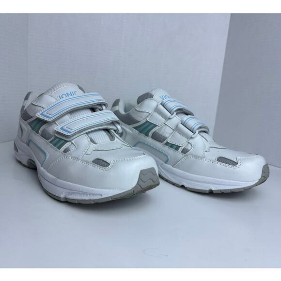 VIONIC TABI White Blue Stripes 11 Leather Orthaheel Hook and Loop Sneaker Shoes - Picture 3 of 8